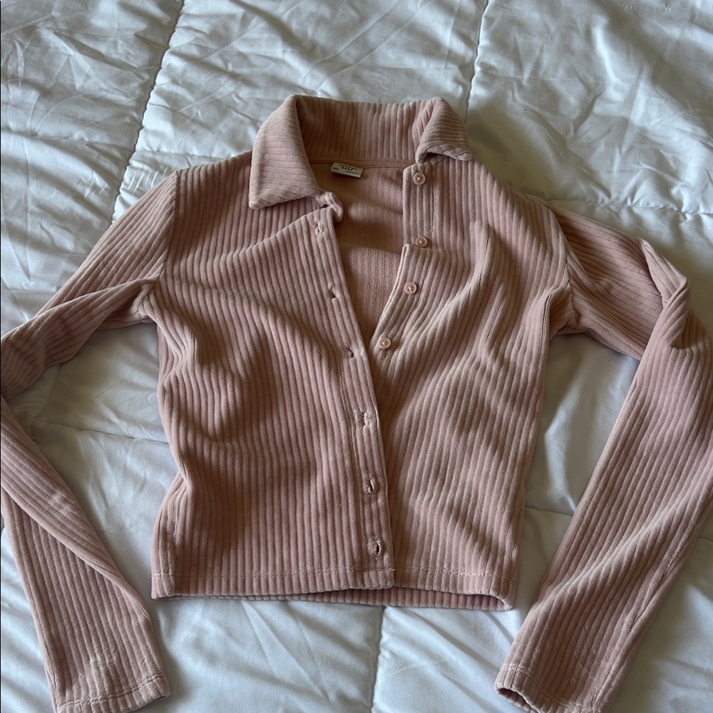 Pink Ribbed Button-Up Cardigan